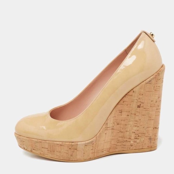 Stuart‎ Weitzman Beige Patent Leather Cork Platform Wedge Pumps Size 9 - Picture 2 of 10
